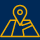 Yellow map marker icon in line art style on a blue background.