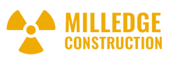 Yellow radiation warning symbol featuring Milledge Construction text.